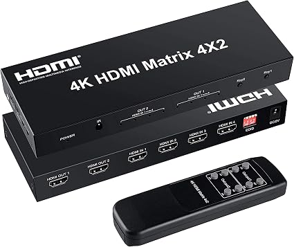 4x2 HDMI Matrix Switch, 4 in 2 Out Matrix HDMI Video Switcher Splitter + Optical & L/R Audio Output, Support Ultra HD 4K,3D 1080P, Audio EDID Extractor with IR Remote Control