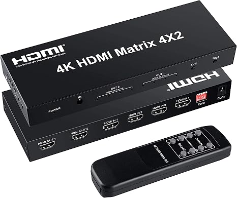 4x2 HDMI Matrix Switch, 4 in 2 Out Matrix HDMI Video Switcher Splitter + Optical & L/R Audio Output, Support Ultra HD 4K,3D 1080P, Audio EDID Extractor with IR Remote Control