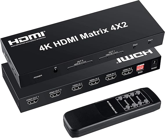 4x2 HDMI Matrix Switch, 4 in 2 Out Matrix HDMI Video Switcher Splitter + Optical & L/R Audio Output, Support Ultra HD 4K,3D 1080P, Audio EDID Extractor with IR Remote Control