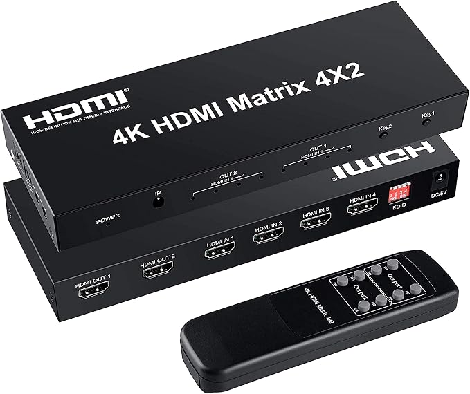 4x2 HDMI Matrix Switch, 4 in 2 Out Matrix HDMI Video Switcher Splitter + Optical & L/R Audio Output, Support Ultra HD 4K,3D 1080P, Audio EDID Extractor with IR Remote Control