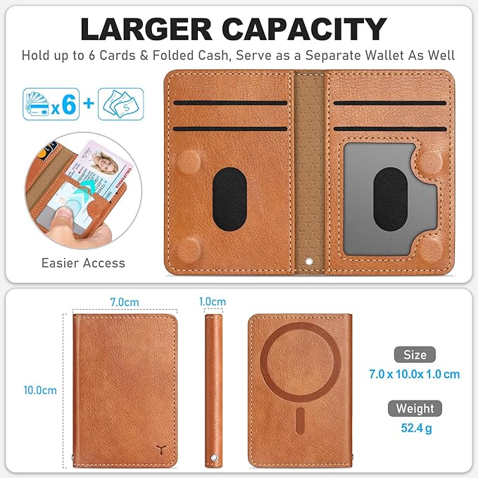 TUCCH for Magsafe Wallet with 6 Card Holders, RFID Blocking [Clear ID Window] PU Leather Folio Magnetic Phone Wallet for iPhone 17/16/15/14/13/12/Plus/Air/Pro/Pro Max Series, Textured Brown
