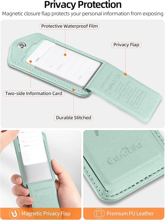 Luggage Tags, Works with Apple Find My, Leather Luggage Tag for Suitcases, Travel Tags, Bag Tag, Suitcase Tag with Privacy Flap, Anti-Lost Smart Luggage Tracker, Travel Essentials, Light Green