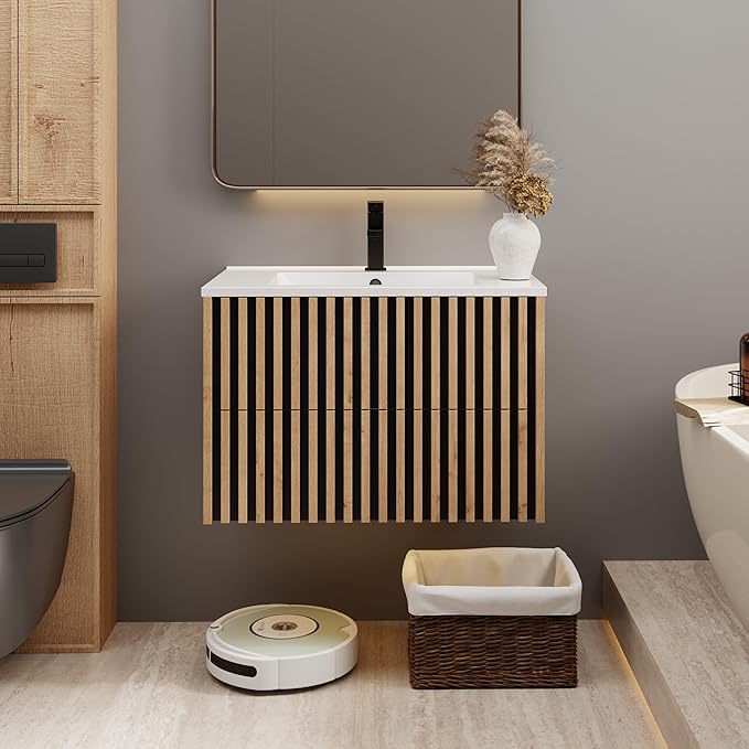 eclife 30" Floating Bathroom Vanity with Sink Combo, Modern Wall Mounted Cabinet with 2 Fluted Drawers, Undermount Sink, Faucet, Drain, Mixed Natural