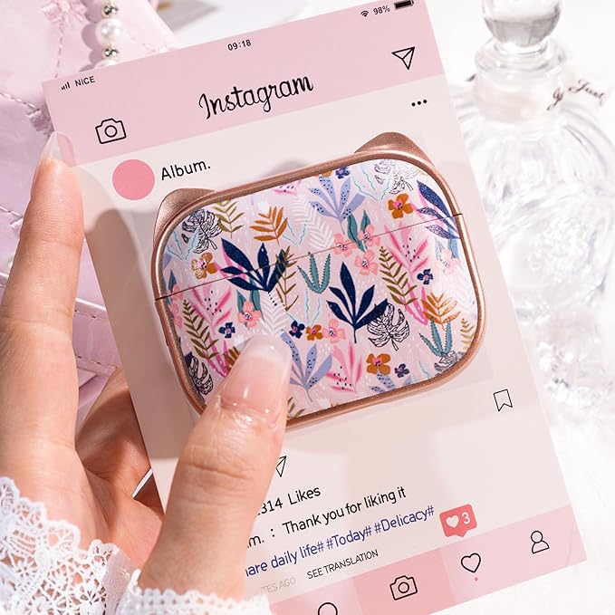 for AirPods Pro 2 Case with Cleaning Kit, Cute Cat Ear Print Design & Cute Buckle for Girls, Phone Holder & Top Safe Lock Buckle Design for AirPods Pro 2nd/1st Gen case, Rose Gold Leaves