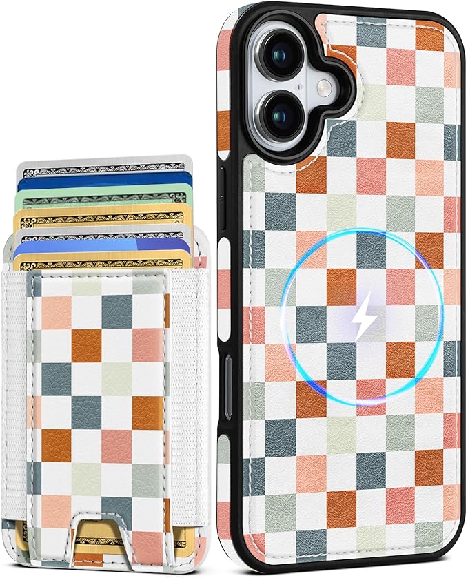 Shorogyt for iPhone 17 Wallet Case - Fits 5 Cards, Compatible with Magsafe Detachable Magnetic Credit Card Holder Leather Cardholder Cute Phone Cover Women Girls for Apple 17, Checkered
