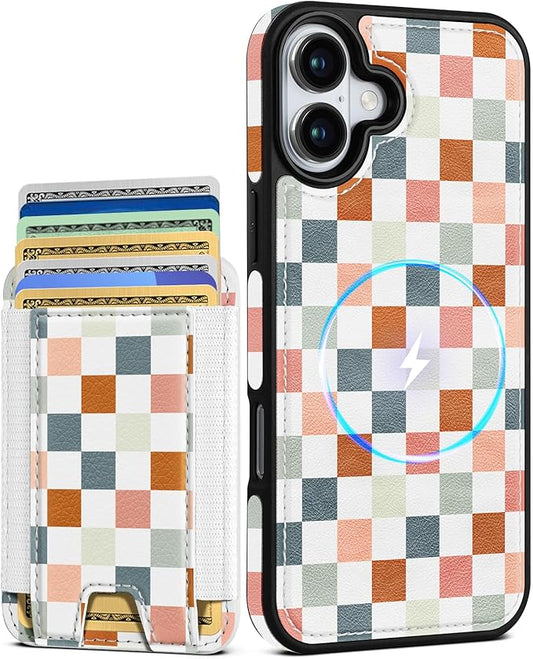 Shorogyt for iPhone 17 Wallet Case - Fits 5 Cards, Compatible with Magsafe Detachable Magnetic Credit Card Holder Leather Cardholder Cute Phone Cover Women Girls for Apple 17, Checkered