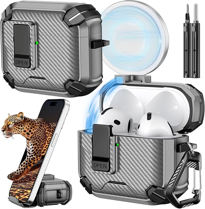 Inesore Compatible with AirPods 4th Case with Phone Stand & Cleaning Kit,Compatible with Magsafe,Magnetic Automatic Lock for Airpods 4 with Active Noise Cancellation Charging Cover (2024) (Gray)