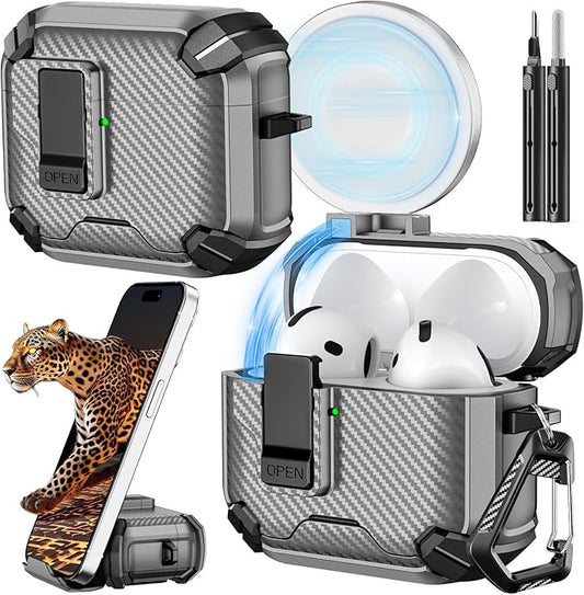 Inesore Compatible with AirPods 4th Case with Phone Stand & Cleaning Kit,Compatible with Magsafe,Magnetic Automatic Lock for Airpods 4 with Active Noise Cancellation Charging Cover (2024) (Gray)