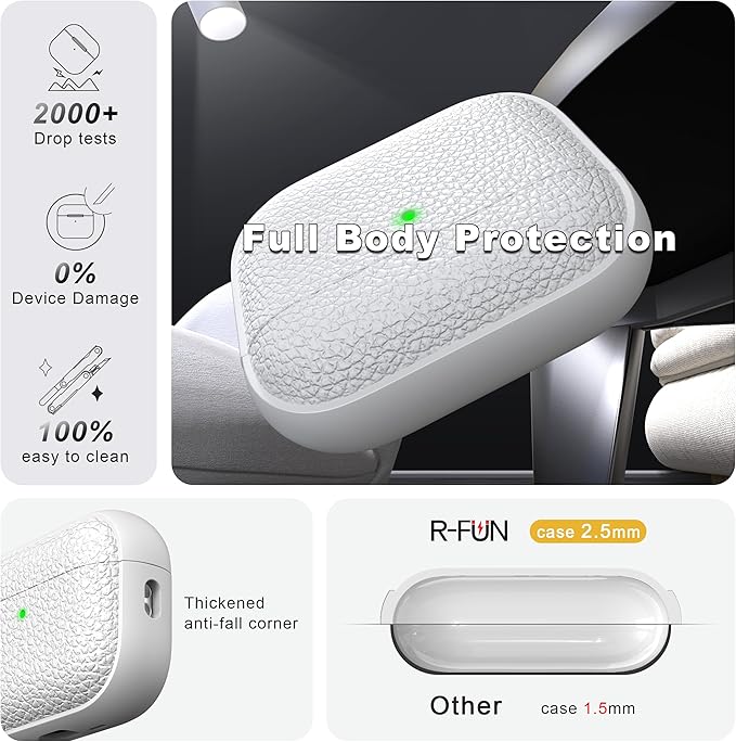R-fun for AirPods Pro 3 Case 2025, Soft TPU (Leather-Like Design) Drop Protection Cover for Men and Women with Lanyard and Cleaner Kit, Compatible with Apple AirPods Pro 3rd Generation-White
