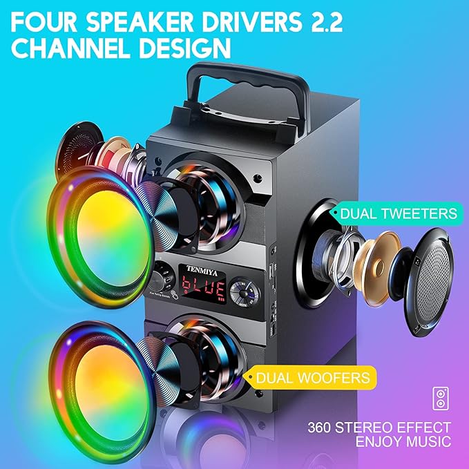 TENMIYA 40W(60W Peak) Portable Bluetooth Speakers with Subwoofer Wireless Stereo Rich Bass Boombox with LED Lights Outdoor Home Party Speakers Support FM Radio Remote Control AUX EQ