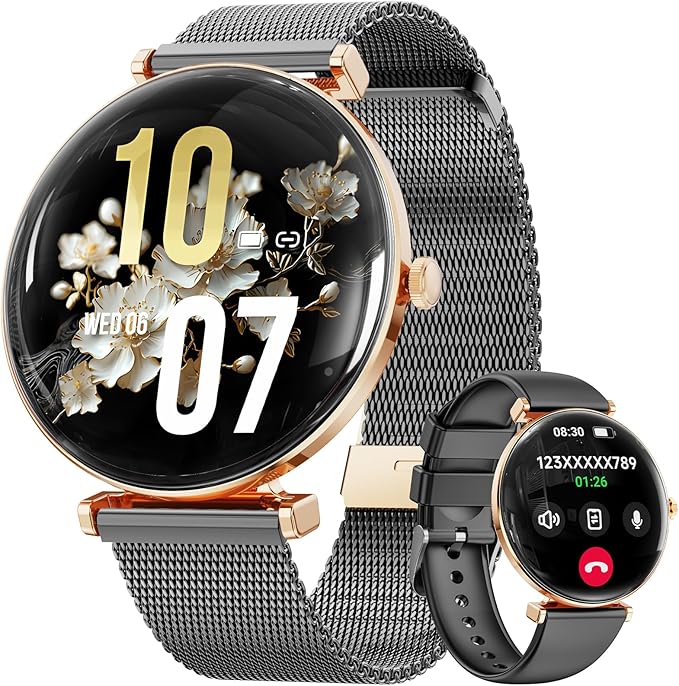 Smart Watches for Women Men[Calls/2 Bands/Metal Thin Body] for Android iPhone Samsung Compatible,1.43" Micro-Spherical AMOLED Screen,IP68 Waterproof Sports Watch (Black-Gold)