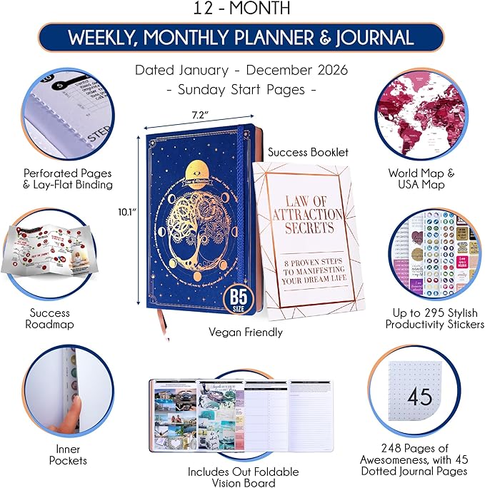 Deluxe 2026 Planner Weekly and Monthly | Law of Attraction Planner with Productivity App | 12-Month for Productivity, Gratitude & Goal Setting | Includes Foldable Vision Board, Gift Box & Stickers