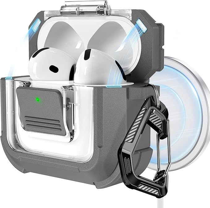 RFUNGUANGO for AirPods 4 Case, Compatible with AirPods 4th Generation Case (2024), Compatible with MagSafe, Magnetic Automatic Lock with Cleaner Kit and Keychain, Front LED Visible, Gray