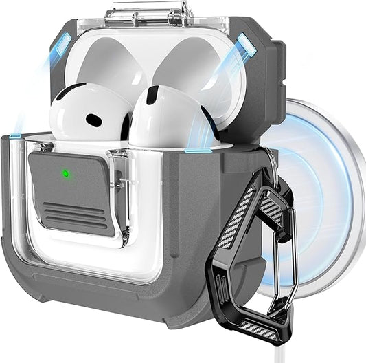 RFUNGUANGO for AirPods 4 Case, Compatible with AirPods 4th Generation Case (2024), Compatible with MagSafe, Magnetic Automatic Lock with Cleaner Kit and Keychain, Front LED Visible, Gray