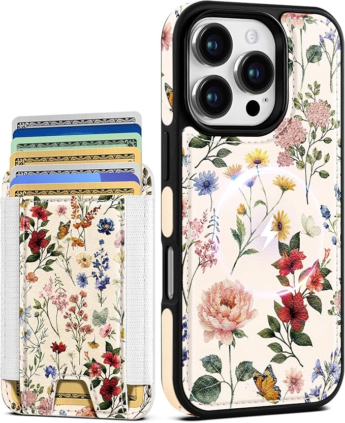 Shorogyt for iPhone 16 Pro Max Case Wallet - Fits 5 Cards, Compatible with Magsafe Detachable Magnetic Credit Card Holder Leather Cardholder Cute Phone Cover Women Girls for Apple 16 ProMax, Floral