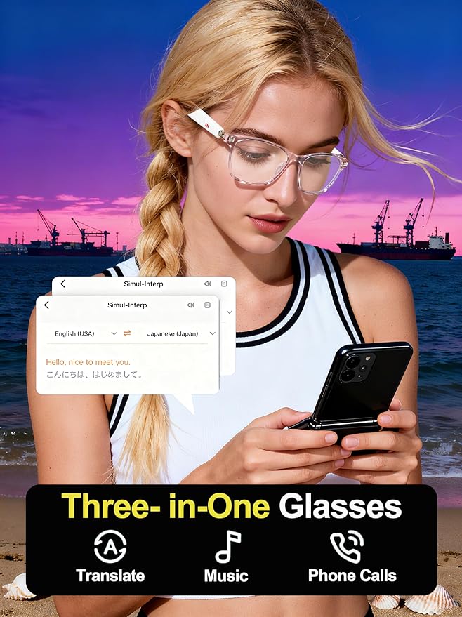 AI Smart Wireless Bluetooth Translation Glasses for Men/Women with Speakers/Bluetooth&140+ Languages Translation Sports/Travel/Drive/Busniess (G3+AI+Color Change Lenses+Pink)