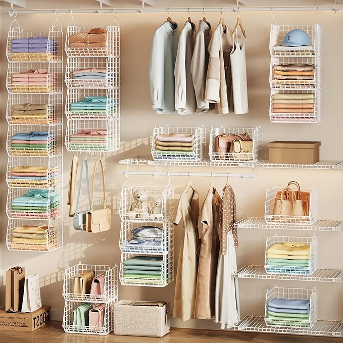 X-cosrack 7 Tier Hanging Closet Organizer and Storage, Foldable Wire Closet Shelving with 5 S Hooks,Hanging Basket for Clothes Sweaters Shoes Handbags,Wardrobe Kitchen Laundry Room-White