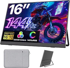Upperizon Portable Monitor 16 inch 2K QHD 2560X1600 145% sRGB, 144Hz USB-C, 120Hz HDMI, Travel Monitor for Laptop MacBook PC Surface PS5 Xbox, External Display with Kickstand & Speaker VESA Compatible