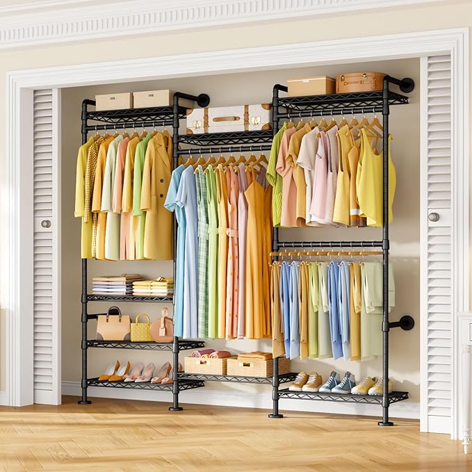 M6 Clothes Rack for Wall Mounted, Heavy Duty Closet Wardrobe System with 8 Shelves and 4 Hanger Rods, 68.5" W x 11.8" D x 86.6" H Clothing Storage Organizer for Holding 1064lbs, Black