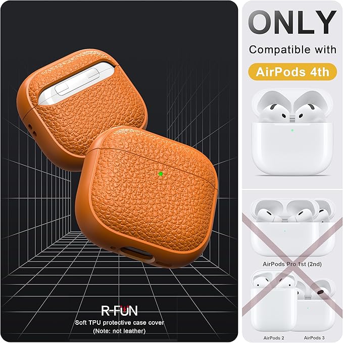 R-fun for Airpods 4 Case, Soft TPU (Leather-Like Design) Drop Protection Cover for Men and Women with Lanyard and Cleaner Kit, Compatible with Apple Latest Airpods 4th Gen(USB-C)(2024)-Orange