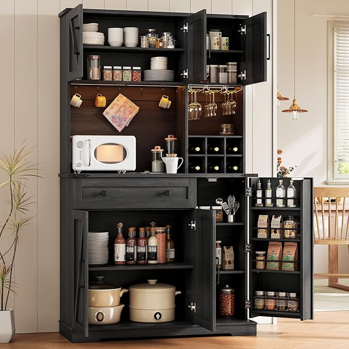 Dripex 71" Pantry Cabinet with Charging Station, Farmhouse Kitchen Pantry Storage Cabinet with Outlet & LED Light, Microwave Stand, Tall Kitchen Hutch with Storage for Living Room, Dining Room, Black