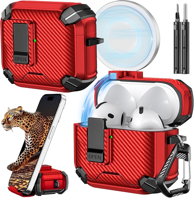 Inesore Compatible with AirPods 4th Case with Phone Stand & Cleaning Kit,Compatible with Magsafe,Magnetic Automatic Lock for Airpods 4 with Active Noise Cancellation Charging Cover (2024) (red)
