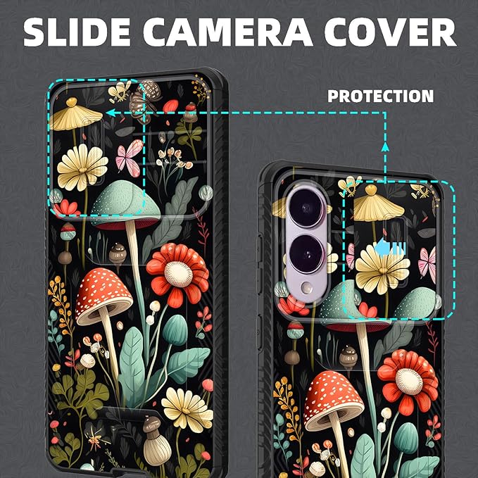 for Galaxy S25 Edge Case Built in Slide Camera Lens Cover,Heavy Duty Shockproof Protection Dual Layer Case for Samsung Galaxy S25 Edge 2025,Mushroom Forest