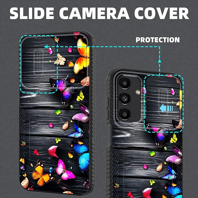 for Galaxy A16 5G Case Built in Slide Camera Lens Cover,Heavy Duty Shockproof Protection Dual Layer Case for Samsung Galaxy A16 5G 6.7" 2024,Colorful Butterflies on Wooden