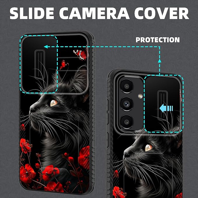 for Galaxy S25 Plus Case Built in Slide Camera Lens Cover,Heavy Duty Shockproof Protection Dual Layer Case for Samsung Galaxy S25 Plus 6.7" 2025,Black Cat Flowers and Butterflies