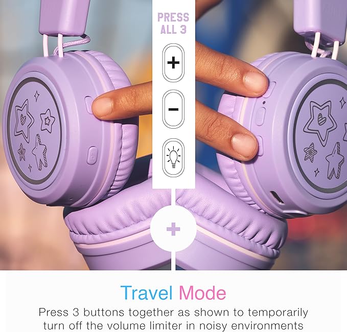 MEE Audio KidJamz KJ55BT Bluetooth Wireless Safe Listening Headphones for Children w/LED Lights, 85dB Volume Limiter, Microphone, & 40h Battery; Kids Headset for School/iPhone/iPad/Tablet (Lavender)