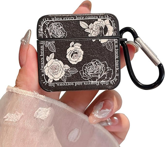 for AirPod 4 Case for Women Girls Cute Retro Flower Design with Keychain PU Leather Squre Shockproof Protective Cover Compatible with AirPods 4th Gen Case (Retro Rose Black)