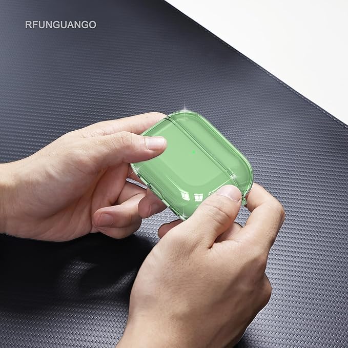 RFUNGUANGO AirPods Pro Case Clear, Soft TPU Transparent with Cleaning Kit & Keychain, Compatible with Magsafe, Compatible Apple AirPods Pro 2nd/1st Generation Protective Case, Green