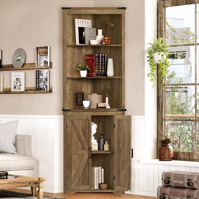TEENFON Farmhouse Corner Cabinet, 70" H Tall Corner Hutch with 5 Shelves & 2 Barn Doors, Storage Cabinet with Adjustable Shelf, for Living Room, Kitchen, Bathroom, Honey Brown
