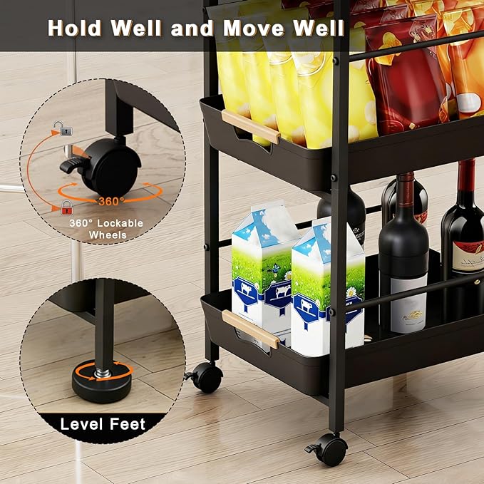 6 Tier Storage Cart with Pull-Out Baskets Rolling Storage Cart with Wheels Wood Top Organizer Rolling Utility Cart for Pantry Laundry Room Bathroom Kitchen Black 14.5”D x 13”W x 64.1”H