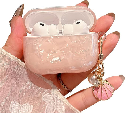 for AirPod Pro 3 Case 2025 Cute Luxury Marble TPU Protective Cover with Glitter Shell Pearl Keychain Compatible for AirPods Pro 3rd Generation Case for Women Girls (Pink)