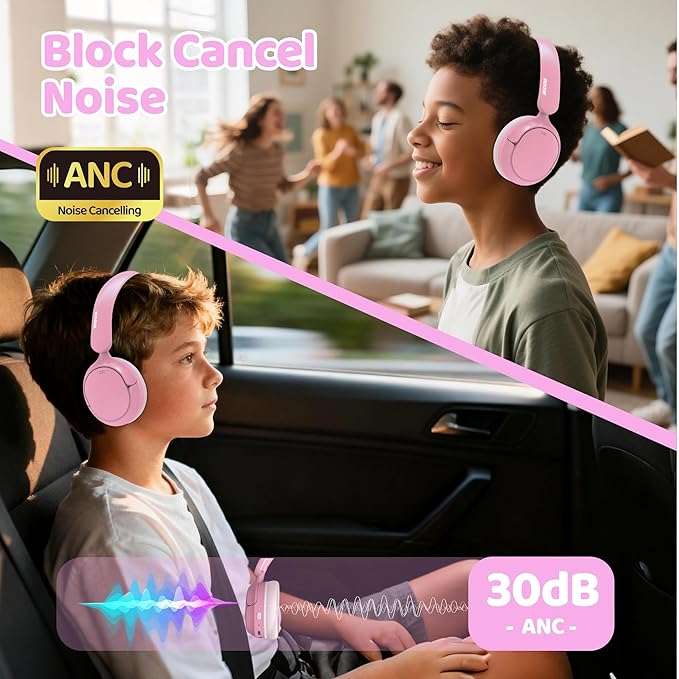 MIDOLA Kids Bluetooth Headphones Active Noise Cancelling,Volume Limited 85/94dB,Over Ear Foldable with Mic Aux Cord,Lightweight Wireless Headphone for Kid Toddler Child Pad Tablet Pink