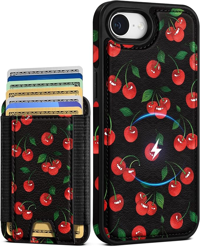 Shorogyt for iPhone 17e/16e Wallet Case - Fits 7 Cards, Compatible with Magsafe Detachable Magnetic Credit Card Holder Leather Cardholder Cute Phone Cover Women Girls for Apple 17e/16e, Cherry