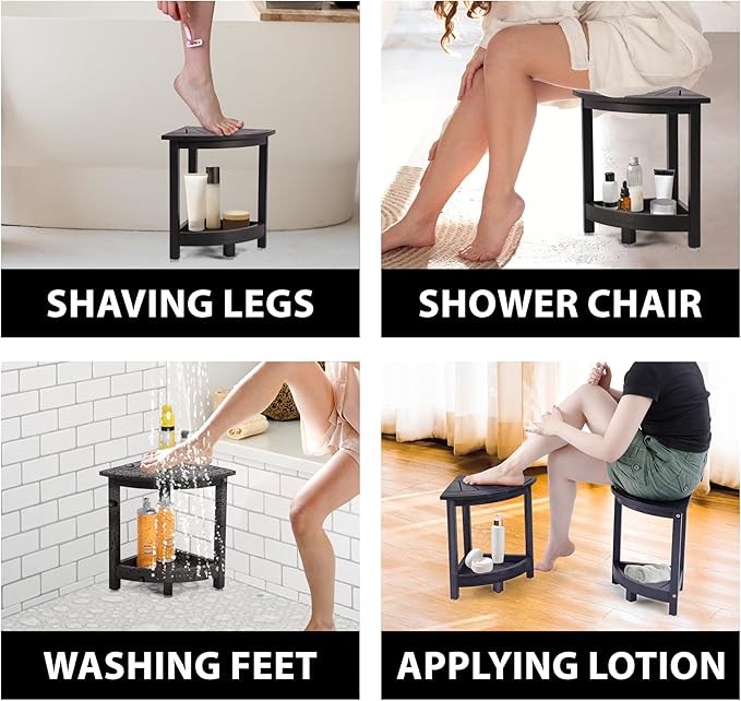 Acacia Corner Shower Stool, Waterproof Spa Foot Rest & Bath Bench with Storage Shelf & Soap Dish, Ideal for Bathroom, Shaving Legs, or as Small Corner Table/Step Stool (Black)