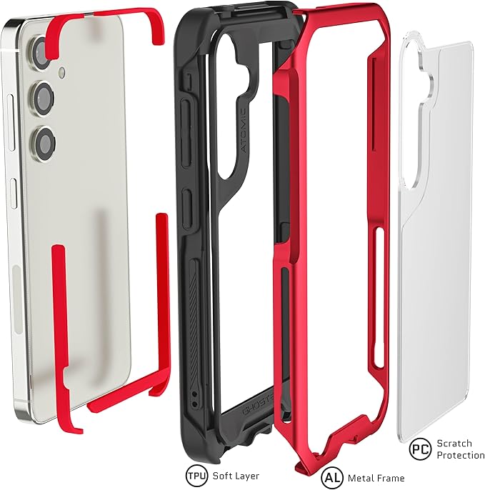 Ghostek Atomic Slim Galaxy S24 Case with Shockproof Military Grade Aluminum Bumper, Clear Back and Wireless Charging Compatible Phone Cover Designed for 2024 Samsung Galaxy S24 (6.2") (Red)