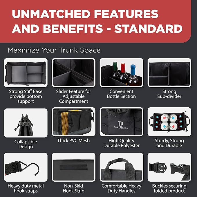 TRUNKCRATEPRO Car Organizers and Storage Premium Adjustable Multi Compartments Car Storage Organizer | Portable and Foldable SUV Trunk Organizer for Car (Standard Size, 20.86"L x 13.4"W x 10"H )-Black