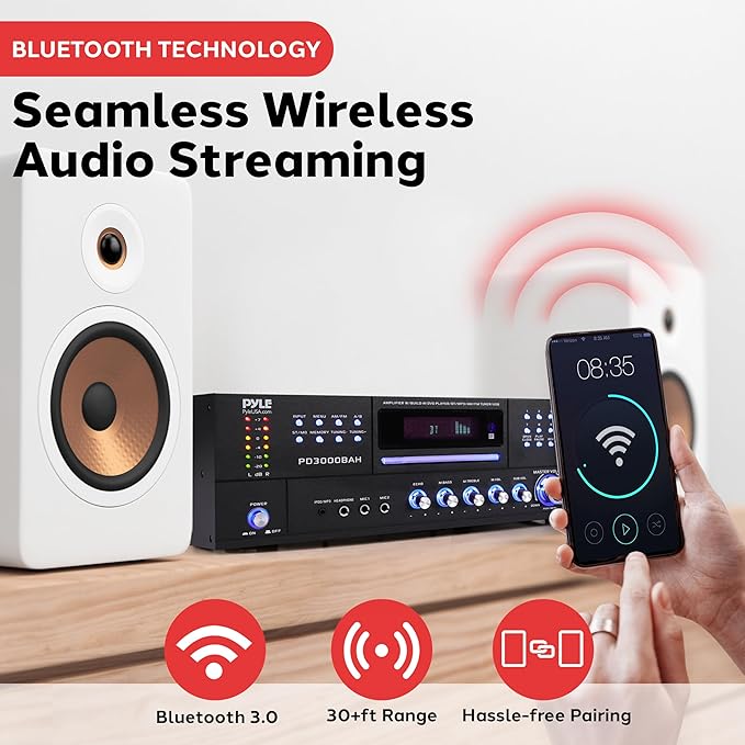 Pyle 3000W 4-Channel Wireless Bluetooth Amplifier - Stereo Home Audio Receiver with Front CD/DVD Player, FM Radio, Hi Def Input,Aux,RCA,USB,2 Mic Inputs w/Echo, Subwoofer Out - Rack Mount