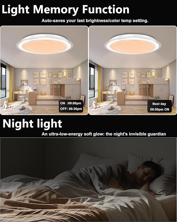 WF-Version LED Ceiling Light with Speaker 50W 17Inch Control via app/Voice/Remote Adjustable Brightness & Color Temperature Ceiling Lamp RGB Ambient Lighting for Bedroom Kids Room and More