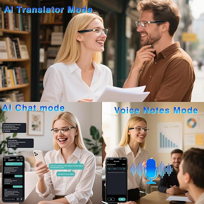 Ai Translation Smart Glasses Bluetooth 5.4 with 164 Language & Accents, Translator Glasses Color-Change Lens, Multifunctional Wireless Bluetooth Translation Glasses for Men & Women