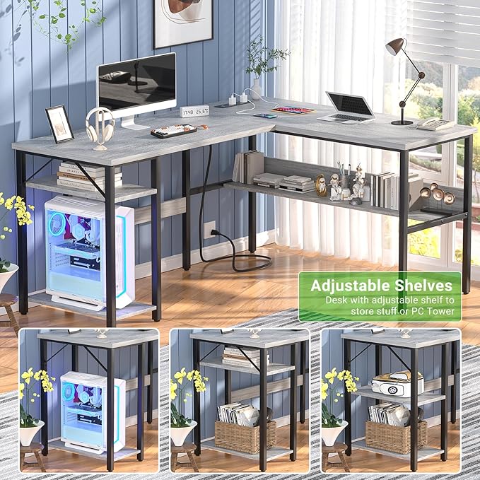 Unikito L Shaped Computer Desk with Magic Power Outlets and USB Charging Ports, Sturdy Reversible Corner Desk with Storage Shelves, Modern Work Desk for Home Office, Easy to Assemble, White Oak