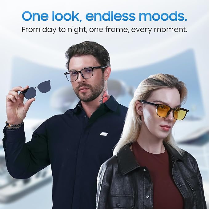 LIMU Gen 5 Smart Glasses. Al Glasses with Real-Time Al Interpreter Open-Ear Bluetooth Glasses with Speakers. Hall-Sensor Auto On/Off, Magnetic Lenses (Black & Yellow, TRGO Frame for Women & Men