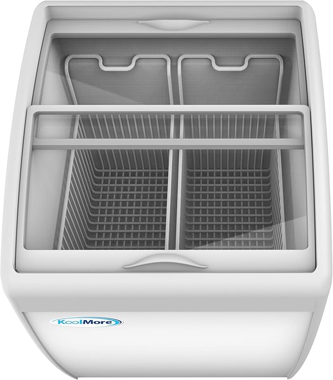 KoolMore - MCF-6C Commercial Ice Cream Freezer Display Case, Glass Top Chest Freezer with 2 Storage Baskets and Clear, Sliding Lid, 5.7 cu. ft. Capacity, White