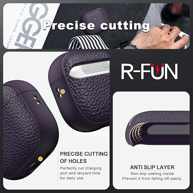 R-fun for Airpods 4 Case, Soft TPU (Leather-Like Design) Drop Protection Cover for Men and Women with Lanyard and Cleaner Kit, Compatible with Apple Latest Airpods 4th Gen(USB-C)(2024)-Purple