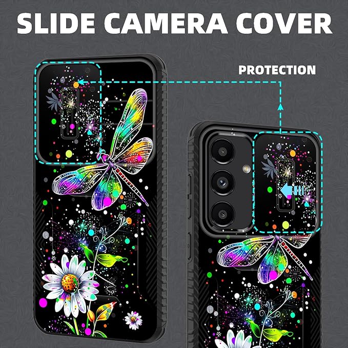 for Galaxy S25 FE Case Built in Slide Camera Lens Cover,Heavy Duty Shockproof Protection Dual Layer Case for Samsung Galaxy S25 FE 6.7" 2025,Dragonfly and Daisy Flower