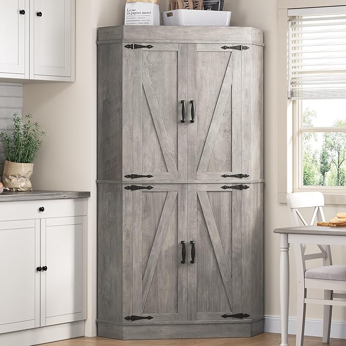 Corner Kitchen Pantry Storage Cabinet with Doors, Kitchen Hutch, 71'' Tall Food Storage Cabinet Furniture for Living Room, Dining Room (Grey)