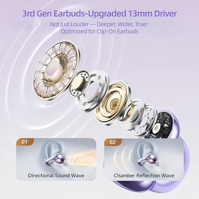 Elegant Touchscreen Clip-On Earbuds, Wireless Open Ear Headphones with 1.3" Color Display, Bluetooth 6.0, 50H Playtime, Ultra-Light 4.1g, IPX5 Waterproof, Perfect for Yoga/Running/Workouts,purple